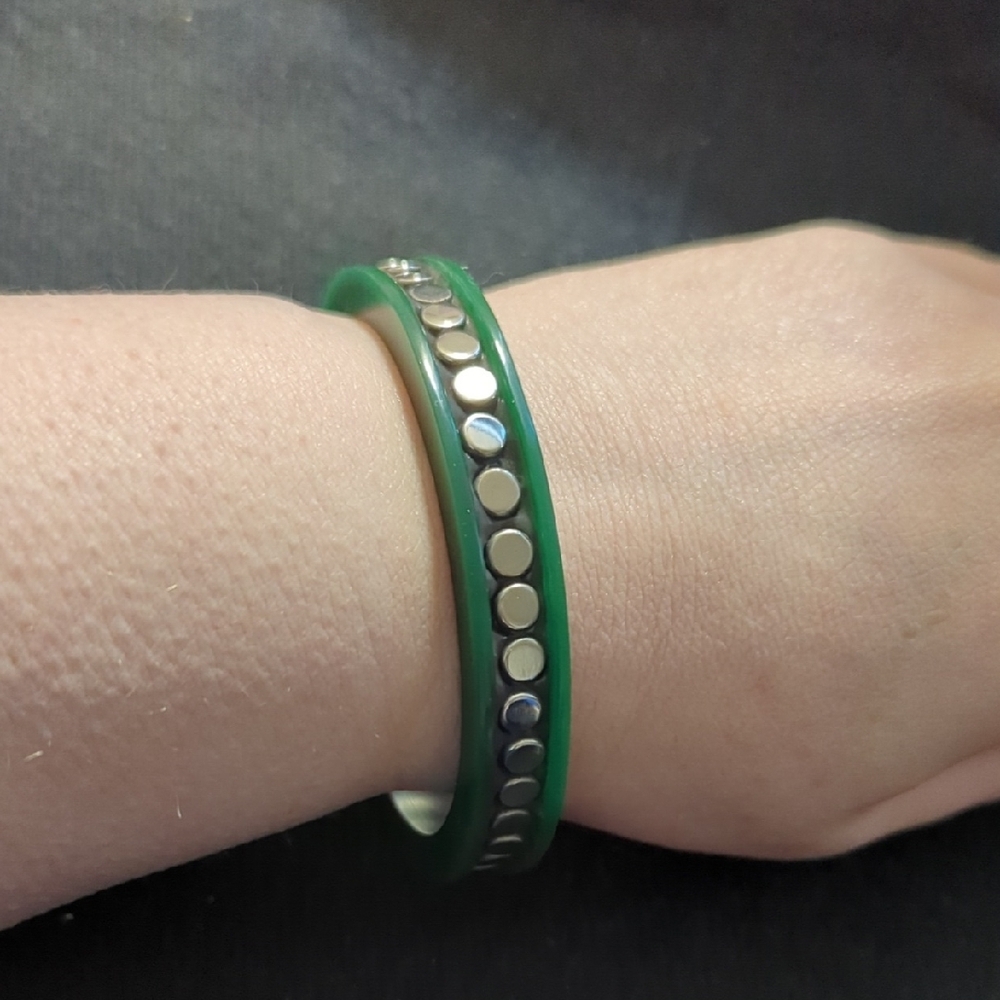 Silver Tone Green Studded Bangle Statement Bracelet